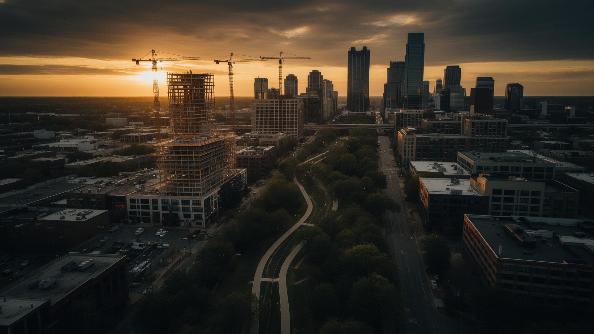 Atlanta Westside skyline at sunset with construction cranes